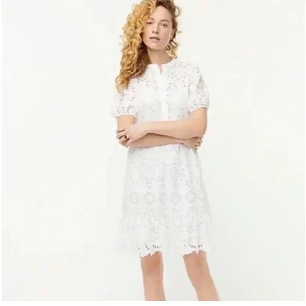 NWOT J. CREW Tiered Skirt Pop Over Shirt Dress White Eyelet Casual Women’s 8